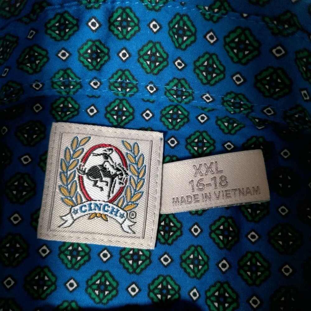 Cinch Shirt XXL 16-18 Button Down Blouse Blue Green Geometric Western Long Sleev - Picture 6 of 11